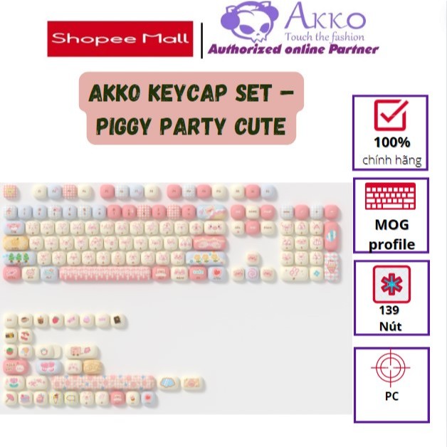 AKKO Keycap set – Piggy Party Cute (PBT Dye-subbed / MOG profile / 139 nút)