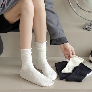  Tất đen trắng cuộn mép phong cách Hàn Quốc,tất học sinh giữa bắp chân cho nữ 12627 