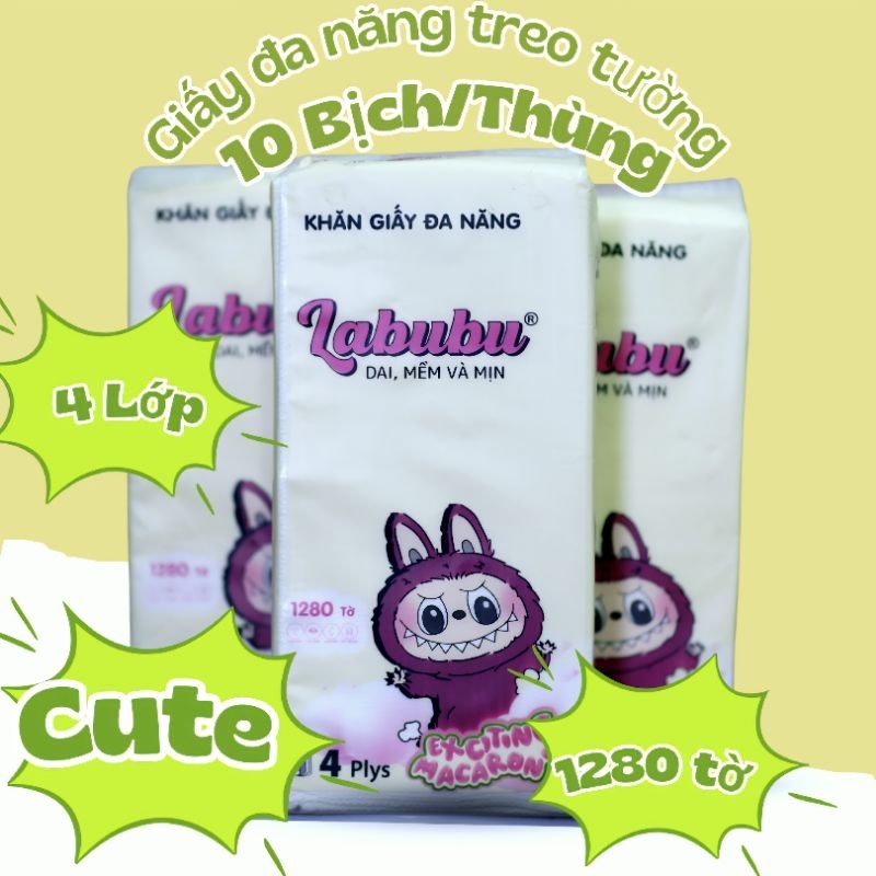 01 thùng Giấy Rút Treo Đa Năng LABUBU Thùng 10 Bịch , Khăn Rút Treo Trường 4 Lớp