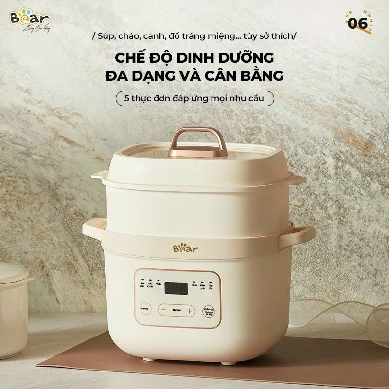 Nồi Nấu cháo chậm bear, nồi chưng yến 1,6L cho bé ăn ặm Đa Năng 6 Chế Độ Ninh Nấu Hầm Hấp