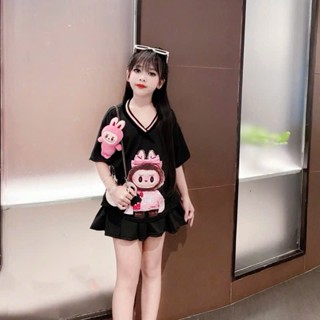 Set váy bé gái in hình labubu cổ tim cho bé từ 12 - 45kg chất vải su cotton mềm mịn, đường may kĩ- không kèm gấu