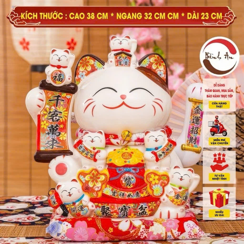Mèo Thần Tài Vẫy Tay Size Đại 38 cm - Phát Tài Phát Lộc - Phong Thủy Bình An