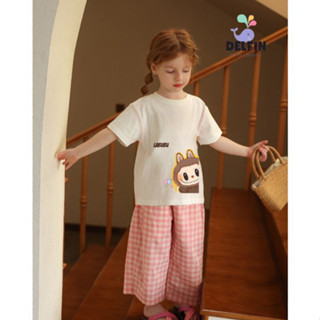 Sét bé gái đi học quần dài kẻ caro ống rộng áo thun in hình xinh Delfinkids, sét bé gái áo ngắn tay từ 10-30kg