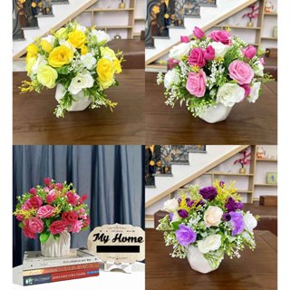 (Cắm sẵn) Chậu Hoa hồng tỉ muội cực xinh đẹp, bình gốm sứ Bát Tràng - Hoa nhân tạo