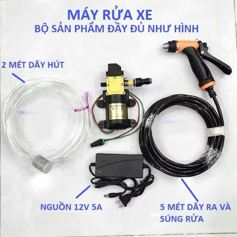 máy rửa xe mini 12v, an toàn, đầu vòi chỉnh chế độ nước