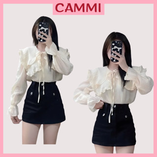 Áo sơ mi kiểu cổ bèo nữ chất đũi gân phối chun bèo tay, có dây thắt nơ HA140
