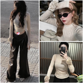 Áo thun giấy tay dài đính bông thời trang, áo thun nữ form ôm tôn dáng chất vải co giãn thoải mái A008