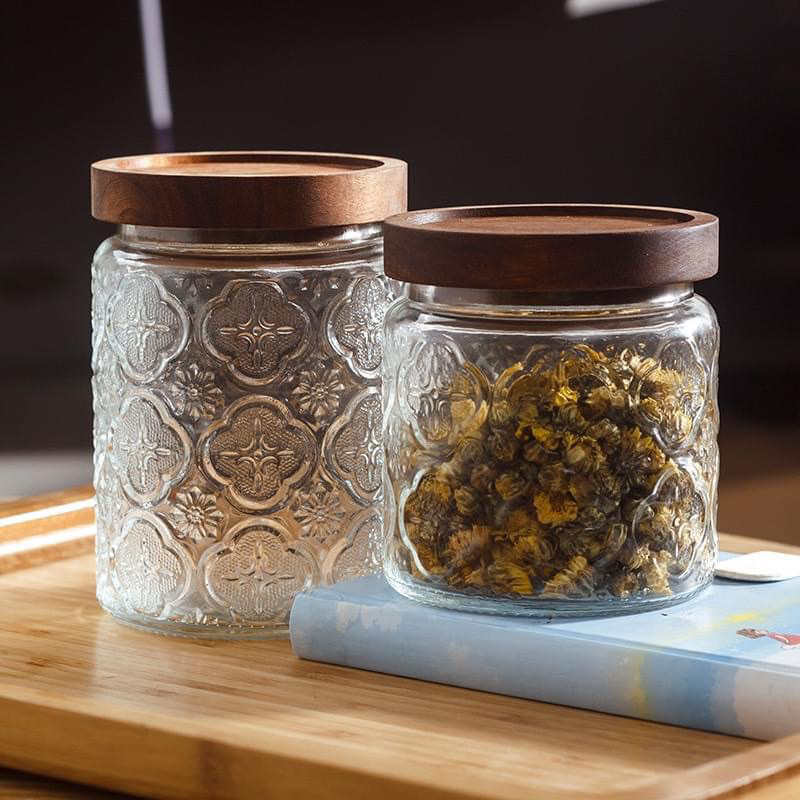Lọ Thủy Tinh Hoa Văn, Hộp Thủy Tinh Hoa Văn Nắp Gỗ, Hũ Thủy Tinh Hoa Văn Nắp Gỗ Cao Cấp, Hũ đựng hạt ngũ cốc, Hũ gia vị