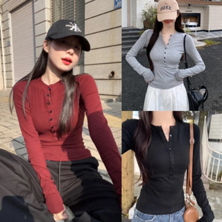 Áo thun nữ dài tay cúc mở dáng ôm body đơn giản dành cho mùa thu, Áo thun tăm ôm basic Justdun