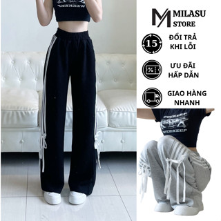 Quần nỉ ống rộng phối sọc kẻ buộc nơ MILASU quần ống xuông dài dày dặn mềm mịn 305