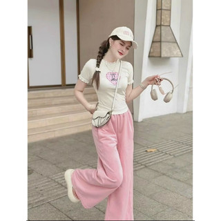 Set Bộ Đồ Nữ xinh thun viền ren thêu hình trái tim phối quần hồng nhung tăm  ống rộng , thời trang dạo phố dành cho Nữ