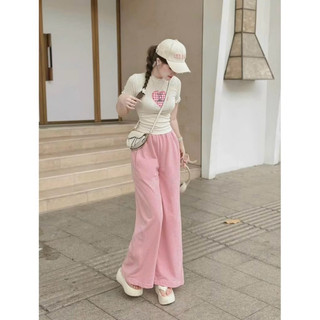 Set Bộ Đồ Nữ xinh thun viền ren thêu hình trái tim phối quần hồng nhung tăm  ống rộng , thời trang dạo phố dành cho Nữ