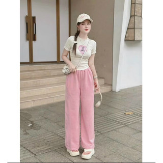 Set Bộ Đồ Nữ xinh thun viền ren thêu hình trái tim phối quần hồng nhung tăm  ống rộng , thời trang dạo phố dành cho Nữ