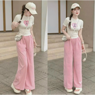 Set Bộ Đồ Nữ xinh thun viền ren thêu hình trái tim phối quần hồng nhung tăm  ống rộng , thời trang dạo phố dành cho Nữ