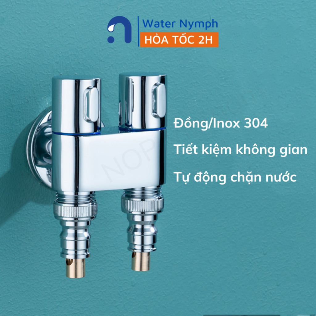 Vòi nước 2 cổng xả Waternymph bằng đồng, inox 304, van chia nước hai cổng, tiết kiệm không gian