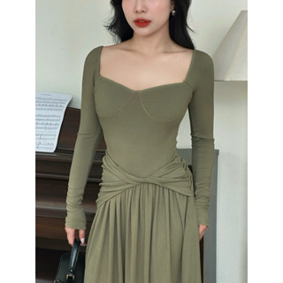 Váy Cổ Vuông Dáng Dài Tùng Xếp Ly, Chất Thun Tăm Tăm Co Giãn 4 Chiều, Đầm Nữ Cup Ngực Thiết Kế Dài Tay Tôn Dáng