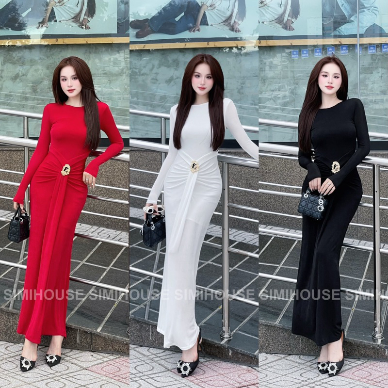 VÁY BODY TAY DÀI NHŨ HÀN CHARM /Đầm body thiết kế tiệc thắt eo đính charm sang trọng Nữ Women