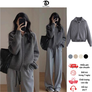  Áo khoác cardigan khóa kéo 2 đầu Tuvada áo khoác len basic dáng oversize áo khoát nữ - AKL134 