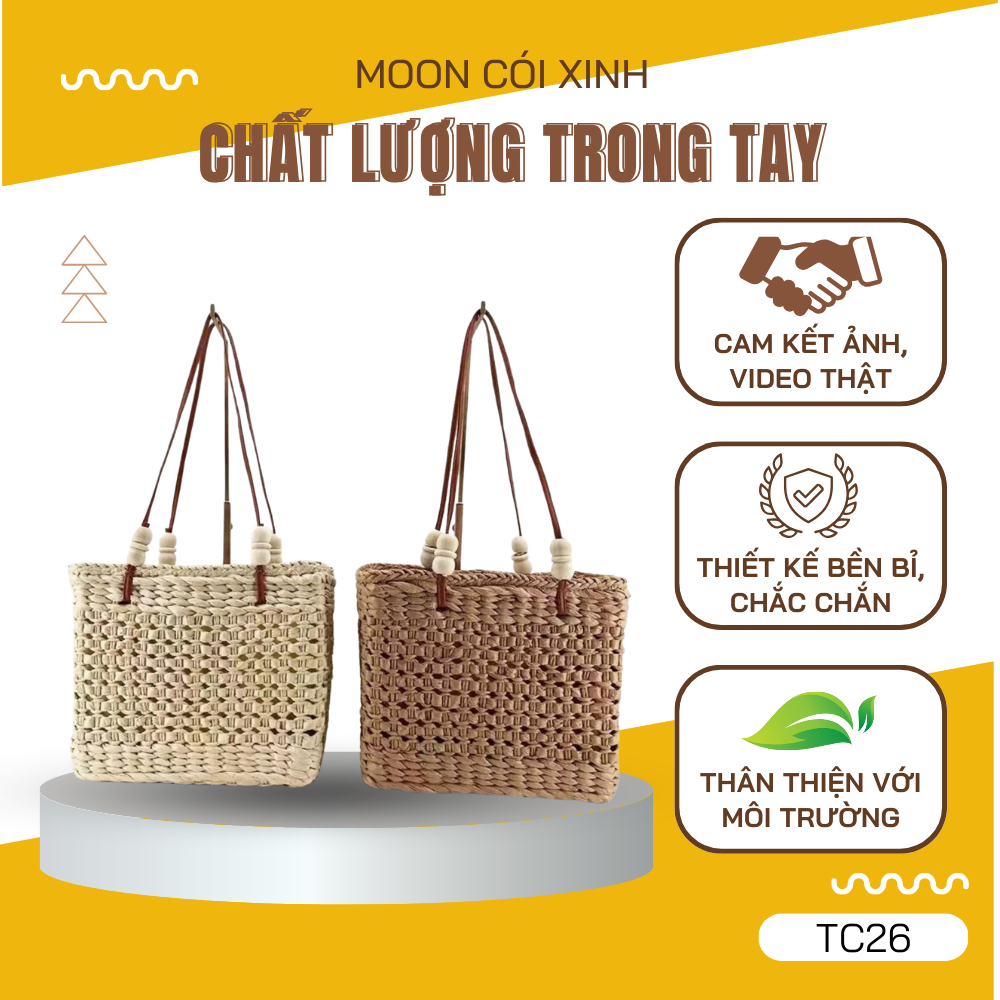 [TC26] Túi Cói Kiểu Dáng Vuông. Đeo Vai Đan Sole. Dây Da Mix Hạt Gỗ - Moon Cói Xinh
