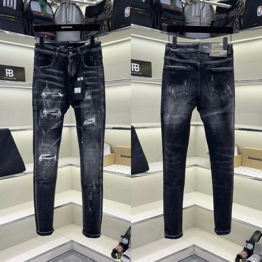  Quần jean bò nam DSQ slimfit đen xám wash kẻ loang đùi rách tua sợi lót vải 4 cúc cao cấp boy phố QJ605P 