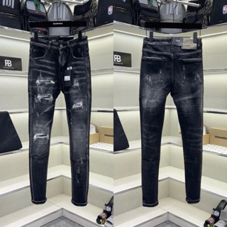 Quần jean bò nam DSQ slimfit đen xám wash kẻ loang đùi rách tua sợi lót vải 4 cúc cao cấp boy phố QJ605P