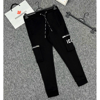 Quần nỉ dài jogger nam Dsq2 đùi thêu khoá zip dệt túi hộp cạnh in chữ icon trắng