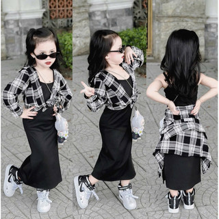  set váy kèm áo sơ mi tay dài kẻ sọc siêu kute cho bé gái 10-35kg nhà mộc baby store 