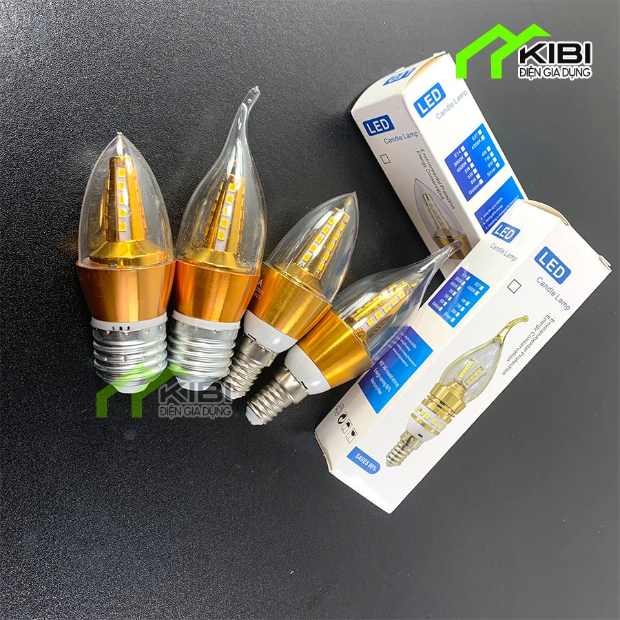Bóng nến đui E14, E27 thắp đèn chùm, đèn trang trí, bóng nến E14, E27 sáng trắng, sáng vàng