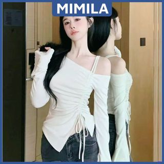   CÓ SIZE  Áo Lệch Vai Dài Tay MIMILA Thiết Kế Trễ Vai Phối Dây Rút Xẻ Tà Ôm Body Tôn Dáng Chất Thun Tăm Thái - MA270 