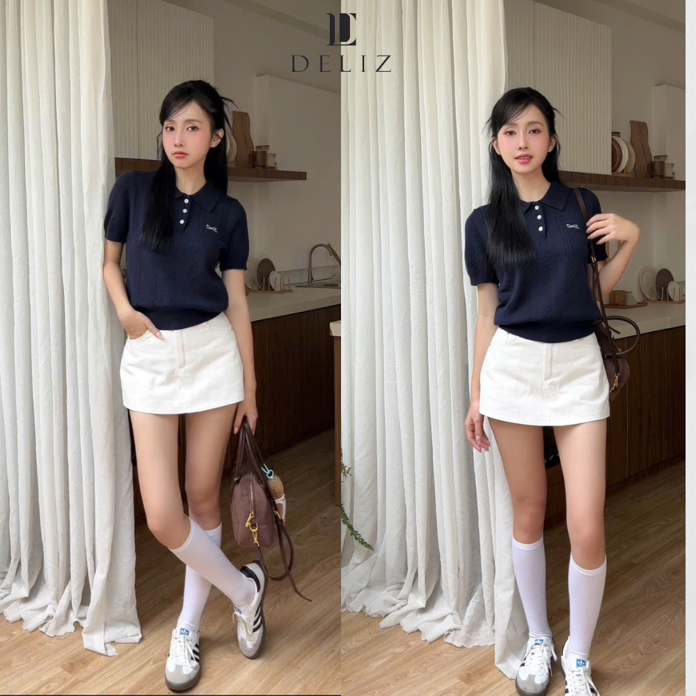 Áo len nữ mỏng ngắn tay vặn thừng cổ bẻ phối cúc thêu nơ form PL11 vừa chất len mềm hàng thiết kế