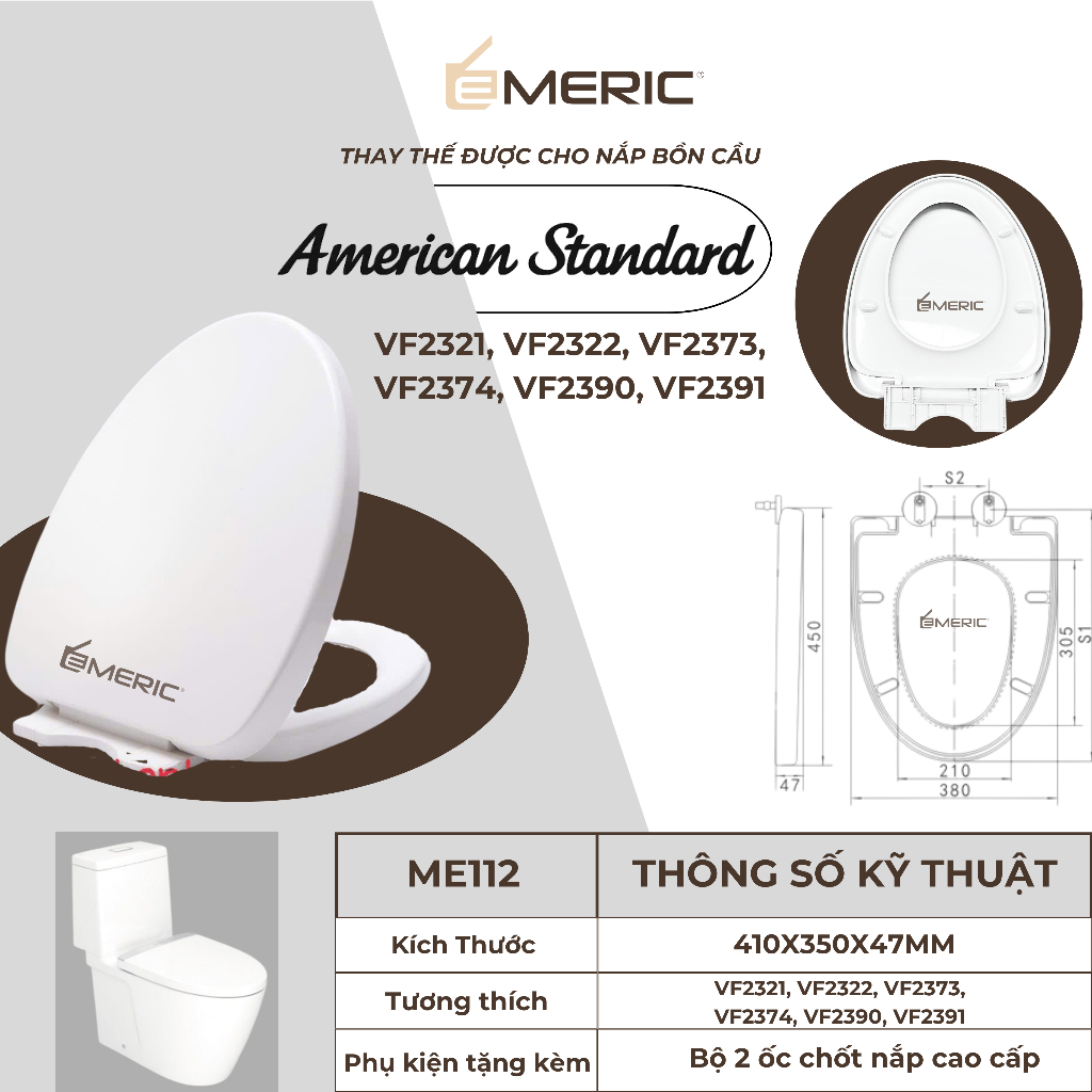 Nắp bồn cầu rơi êm phù hợp bồn cầu AMERICAN STANDARD VF2010,2530,2024,1858,2321,2374,2390