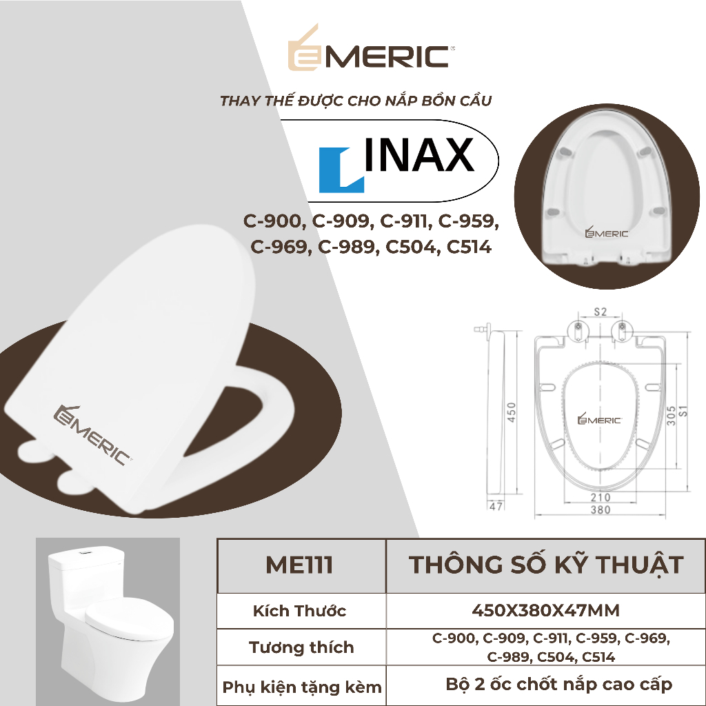 Nắp bồn cầu rơi êm EMERIC phù hợp bồn cầu INAX C900,C909,C959,C969,C989,C504,C514,C306,C117