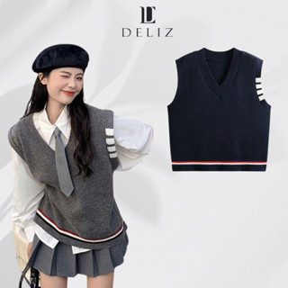 Áo gile len nữ cổ V phối kẻ thorm màu xanh, ghi form rộng phong cách hàn quốc ulzzang mặc đi chơi đi học DELIZ