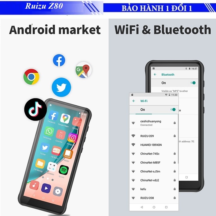 Máy Nghe Nhạc Ruizu Z80 Xem Phim MP4, Kết Nối Wifi, Bluetooth, Android 8.1, Màn Hình 4 Inch Full Cảm