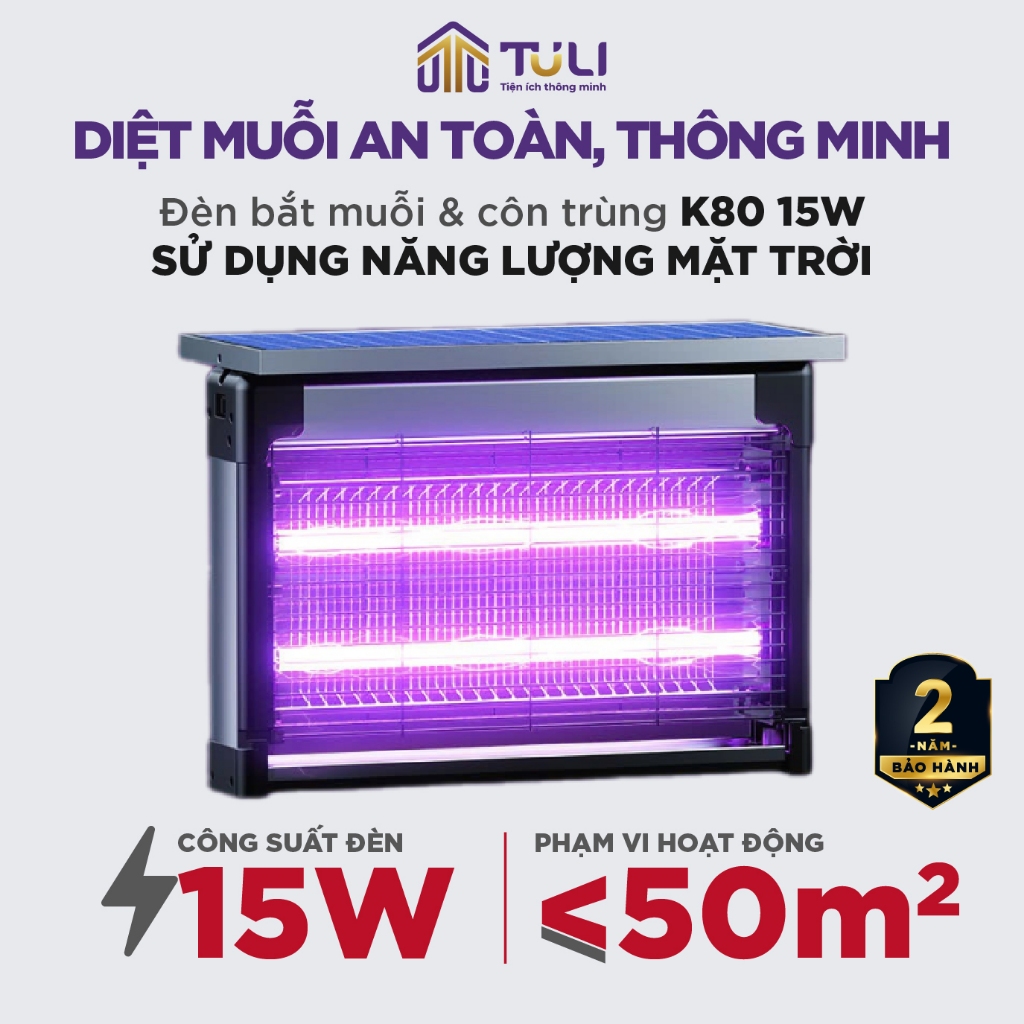 Đèn bắt muỗi năng lượng mặt trời TULI K80, 15W, 4000mAh, Thế hệ mới, Sử dụng ngoài trời, BH 24 Tháng