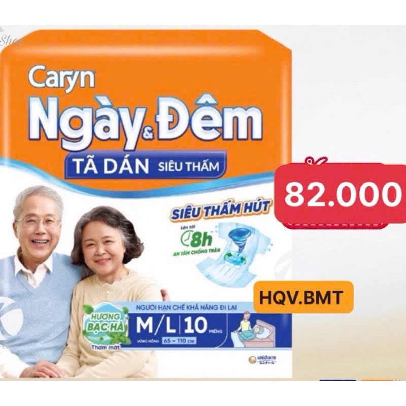 (combo 5b tặng khăn ướt) Bỉm Tã dán người già caryn ngày và đêm, người bệnh, mẹ sau sinh mới hương bạc hà size M/L 10m