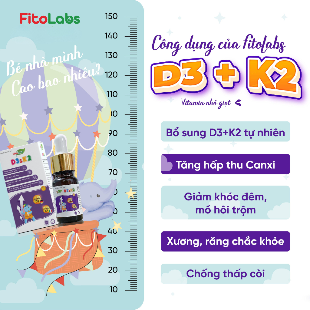 Vitamin D3K2-MK7 Fitolabs Dạng Nhỏ Giọt Dễ Dùng, Giúp Bé Tăng Chiều Cao, Xương Chắc Khỏe Lọ 10ml FITO1