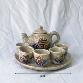 Bộ ấm chén thờ men rạn nổi Phúc Thọ - Chợ Sứ Bát Tràng - ấm chén mini thờ