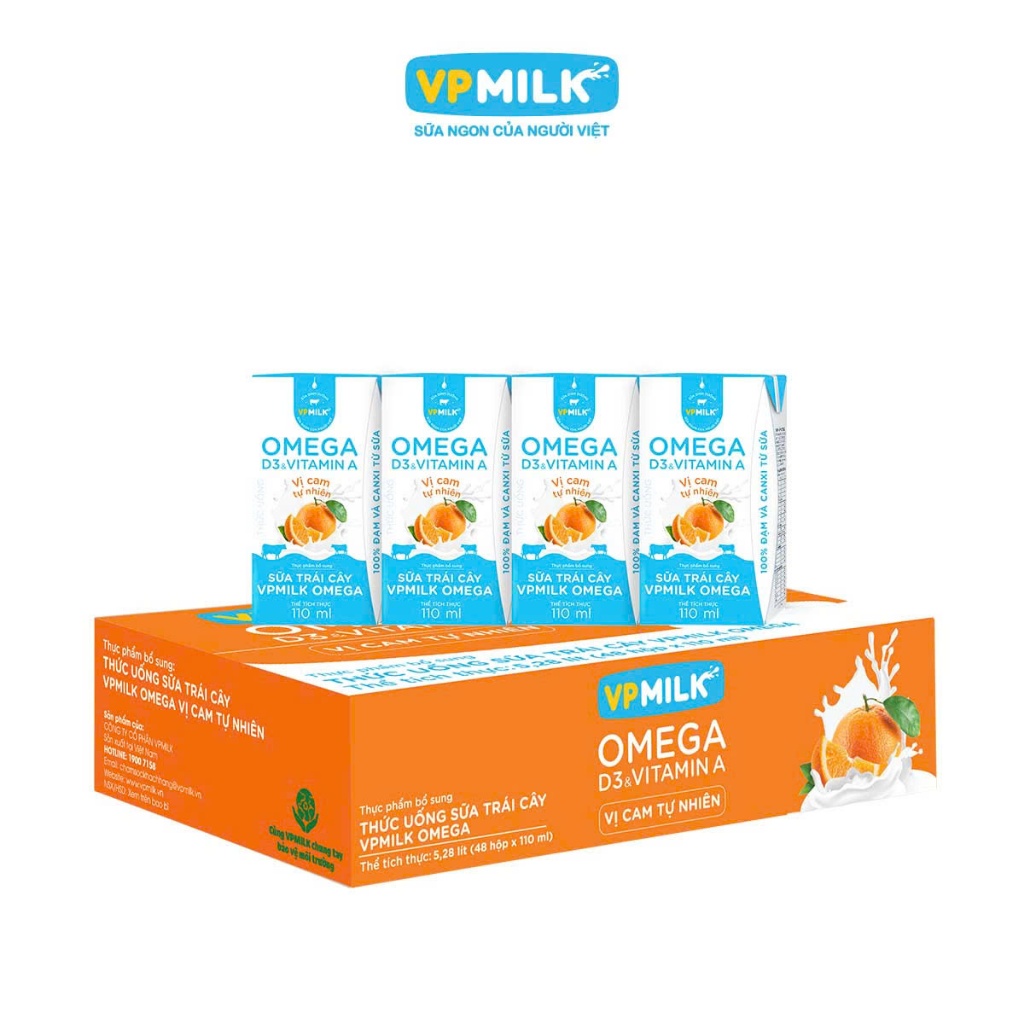 [THÙNG 48 HỘP] Sữa Dinh Dưỡng Tiệt Trùng VPMilk Omega - Vị Cam dạng hộp 110ml