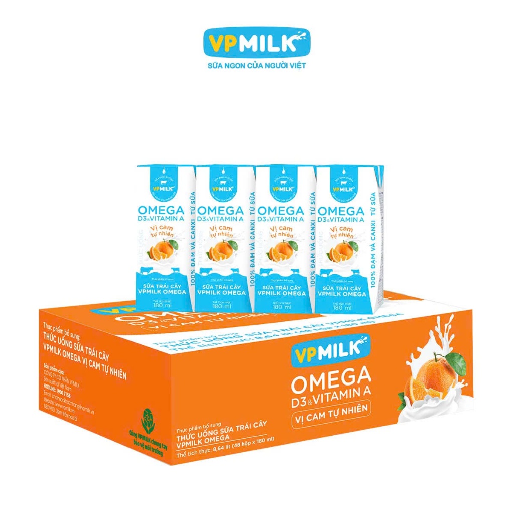 [THÙNG 48 HỘP] Sữa Dinh Dưỡng Tiệt Trùng VPMilk Omega - Vị Cam dạng hộp 180ml