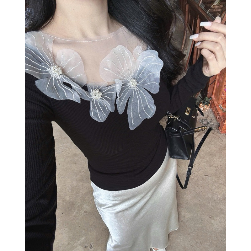 ( Ảnh thật ) 5804 Áo cổ lưới đính hoa dài tay