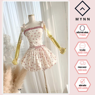Đầm lụa hoa phối viền caro có mút lót quần, áo 2 dây, váy bí ngô dáng xòe siêu xinh