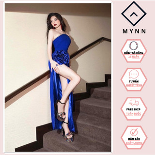 Đầm poly đính bông tapta, đầm dạ thiết kế cúp ngực, váy xẻ tà sang trọng
