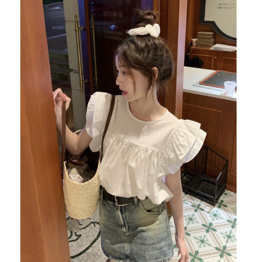 Áo babydoll tay cánh tiên 2 tầng màu trắng phong cách Hàn Quốc phù hợp đi học đi làm đi chơi | BigBuy360 - bigbuy360.vn