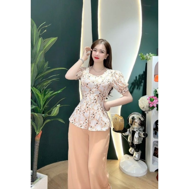 Set bộ áo bà ba cổ vuông tay bồng quần chun sau