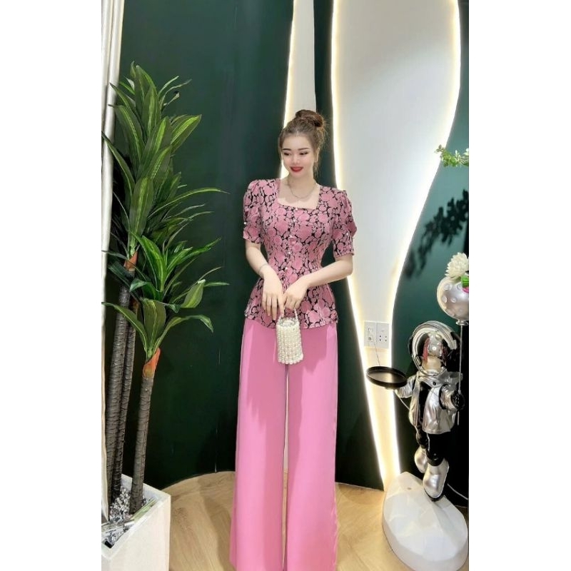 Set bộ áo bà ba cổ vuông tay bồng quần chun sau