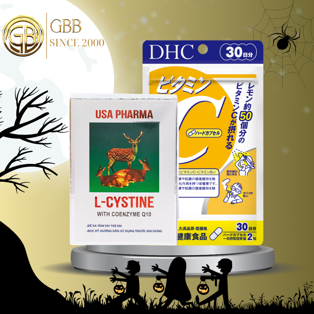 (COMBO 1 THÁNG) L cystine 500mg + Vitamin C DHC hỗ trợ trắng da và giảm rụng tóc, giảm mụn (L cystine 60; Vit C gói 30 n