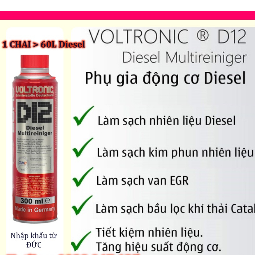 Dung dịch Voltronic D12 vệ sinh hệ thống nhiên liệu động cơ Diesel dung tích 300ml mới nhất ( giá 1 