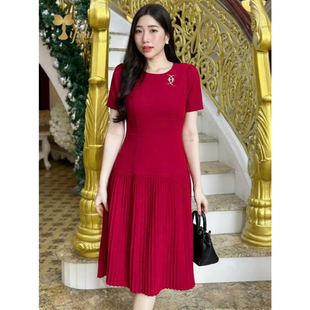 Váy nữ trung niên Đầm dự tiệc cho mẹ U40 U50 U60 TIFALU chất cotton lụa màu đỏ - ZOL725RED