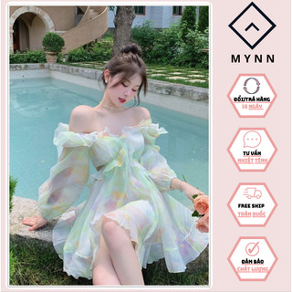 Đầm nữ voan hoa tay dài bánh bèo xinh đi biển đầm dáng xòe tiểu thư